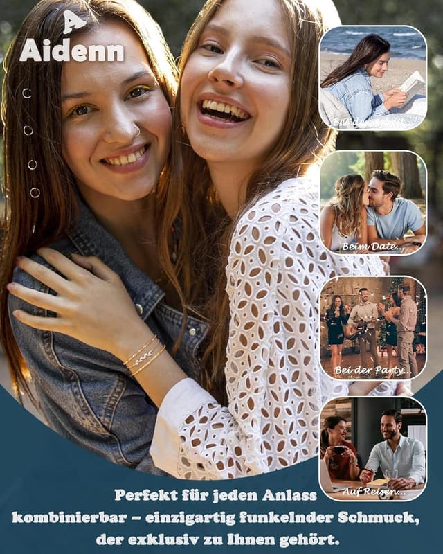 Detalle de Aidenn 3er Set Armbänder aus 925 Sterlingsilber mit Zirkonia – stapelbar & verstellbar