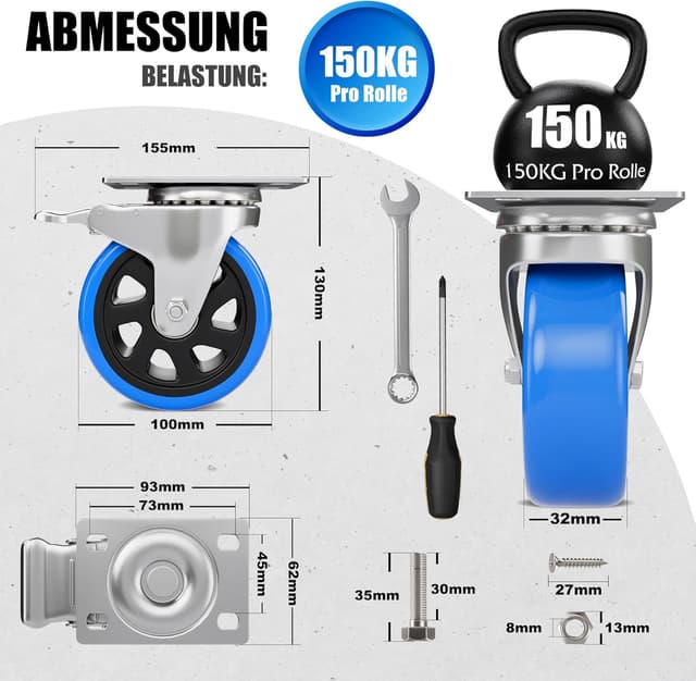 Detalle de Asibaade ruote girevoli per carrello Ø100 mm con freno, rotazione 360° e portata fino a 600 kg