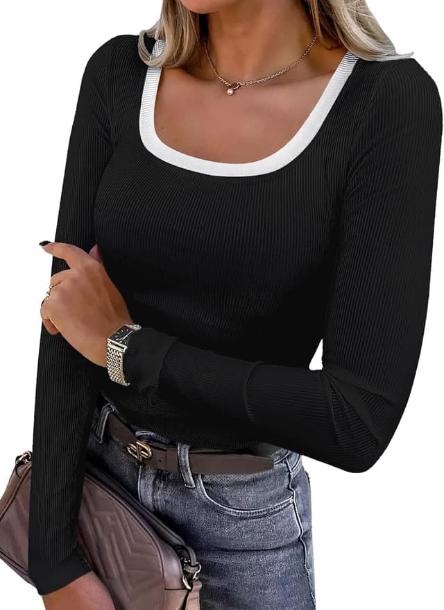 Thumbnail 6 de DUOEASE Langarmshirt Damen Basic Slim Fit mit U-Ausschnitt (Stretch, einfarbig)