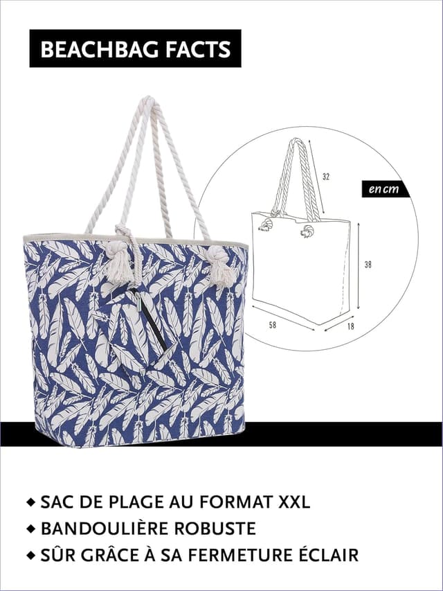 Detalle de DonDon Grand sac de plage imperméable avec fermeture à glissière et bandoulière