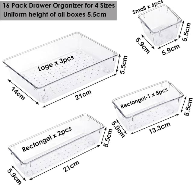 Detalle 2 de 16-Pack Plastic Drawer Organiser Set with 4 Sizes for Desk Drawers, Fridge Trays & Kitchen Storage