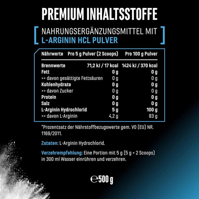 Thumbnail 6 de L-Arginin HCL (Hydrochlorid) 500 g – pflanzliches L-Arginin Hydrochlorid Pulver, rein ohne Zusätze, vegan