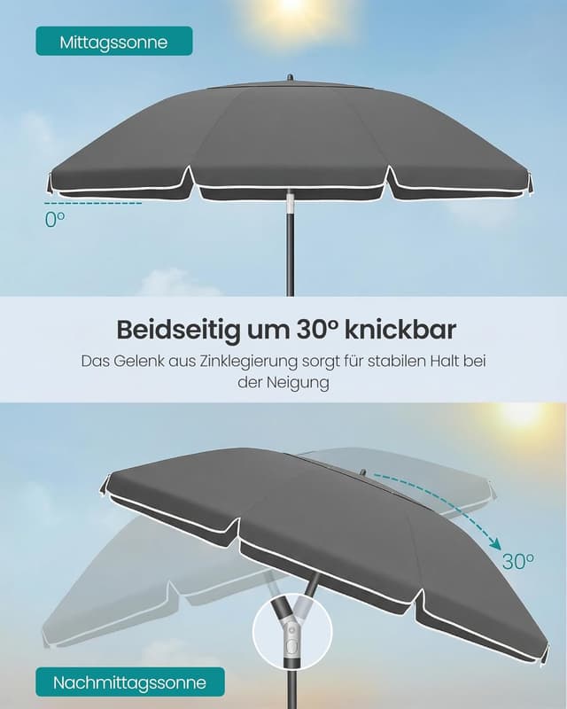 Detalle de SONGMICS Sonnenschirm 180 cm mit UPF 50+ und beidseitigem 30°-Knick, höhenverstellbar, grau (GPU062GZ01)