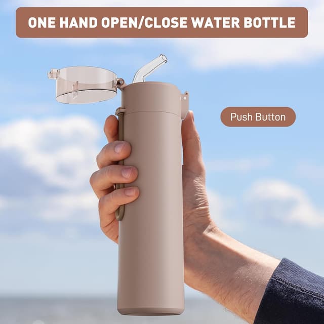 Detalle de Exllena Small Water Bottle 270ml with Straw (Brown) – leak-proof flask with one-hand opening