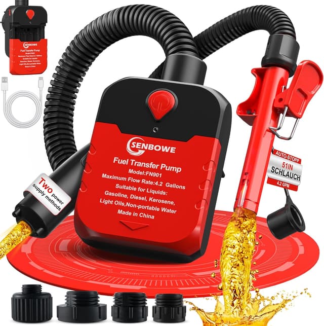 Detalle de SENBOWE Automatic Fuel Transfer Pump with Auto-Stop (Up to 4.2 GPM), Battery or USB Powered, 51" Hose