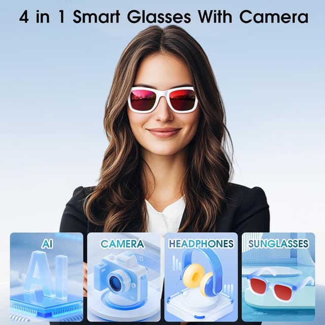 Detalle 2 de Tulbeys AI Smart Glasses with 4K HD Camera, 8MP Photo, Real-time Translation & Photochromic Lenses (White)