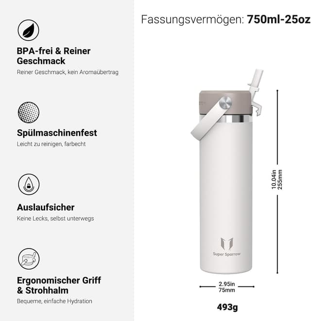 Detalle de Sparrow Edelstahl-Trinkflasche 750 ml mit weiter Öffnung und SwivelSip – auslaufsicher, BPA-frei