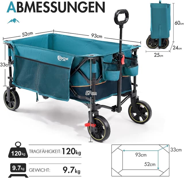 Detalle 2 de Portal Bollerwagen faltbar XXL – bis 120 kg Traglast, große Ladefläche, klappbar mit Getränkehalter