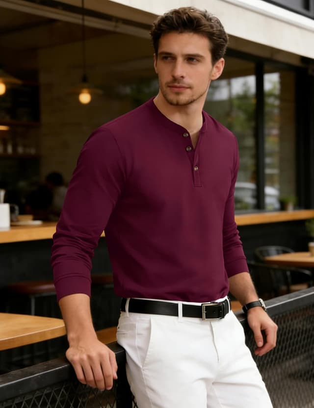 Detalle de T-shirt homme à manches longues Henley en coton à 3 boutons KEFITEVD