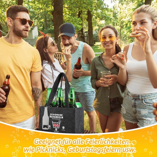 Detalle de WenmthG Bier-Geschenktasche zum 40. Geburtstag mit Flaschenöffner, Filz & Grußkarten für 6 Getränkeflaschen