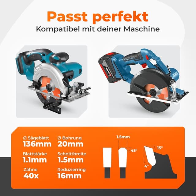 Detalle de BAUBECK Sägeblatt 136 x 20 mm, 1,5 mm Feinschnitt – 40 Zähne für Akku-Kreissägen (Holz & Alu, kompatibel zu gängigen 136x20-Systemen)