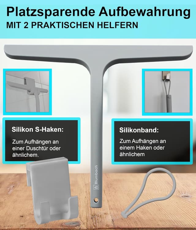 Detalle 2 de BLUMBACH® Duschkabinenabzieher grau – 28 cm Glasabzieher mit Halterung und Silikonlippe