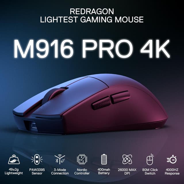 Detalle de Redragon M916 PRO mouse da gioco wireless 3 modalità, 4K 26.000 DPI e 49 g