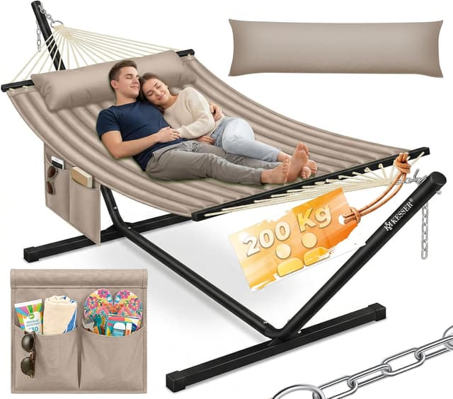 Detalle de KESSER® Hängematte Hill mit Gestell, Kissen & Doppel-Hängesessel für 2 Personen (bis 200 kg) – Taupe