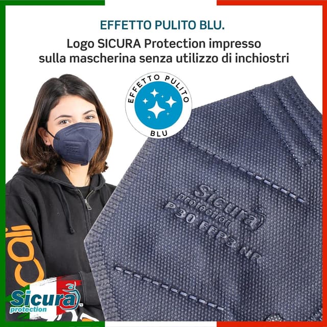 Detalle 2 de 10 Mascherine FFP3 Made in Italy con certificazione CE (EN 149) blu, elastici auricolari