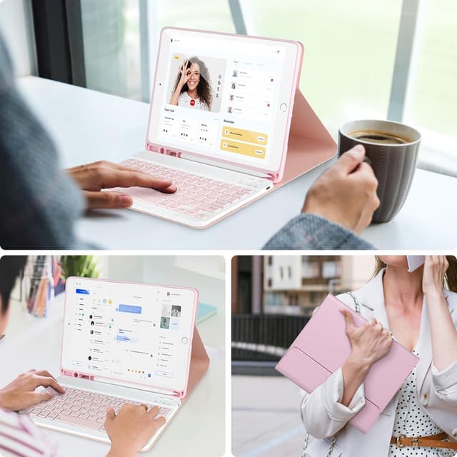 Detalle de APHBZGE Keyboard Case for iPad 9/8/7th Gen 10.2" – detachable Bluetooth keyboard, auto wake, pencil holder (Pink)