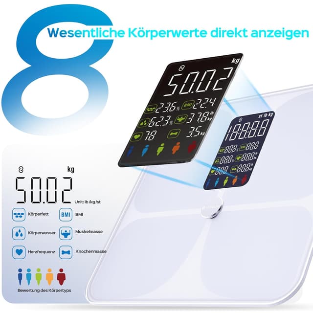 Detalle de Lepulse Körperfettwaage Lescale F4 – Personenwaage mit Körperfettanalyse, 22 Messwerten und großem Farb-Display (weiß)