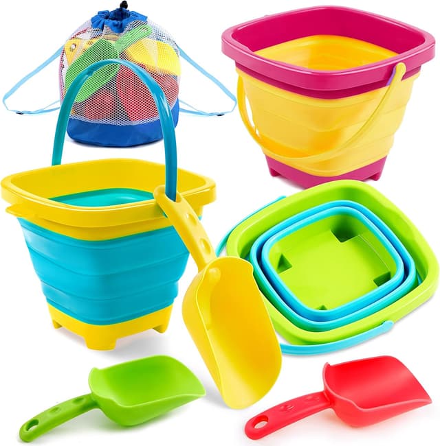 Detalle de Sloosh 3‑Piece Foldable Buckets Set with 3 Shovels (Kids Beach & Sandbox Toys)