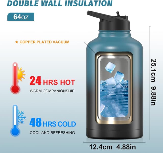 Detalle 2 de WATERSY 64oz Insulated Water Bottle (Cold 48 Hours) — BPA-Free, Leak-Proof Half-Gallon Flask with Straw Lids