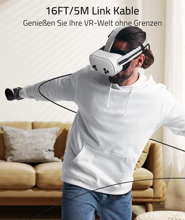 Detalle 1 de Syntech Link-Kabel (5 m / 16 ft) mit USB-3.0-Adapter für Meta/Oculus Quest 3S, Quest 3, Quest 2, Quest Pro, Pico 4/Ultra & PC/SteamVR – USB‑C, 5 Gbit/s, Schwarz