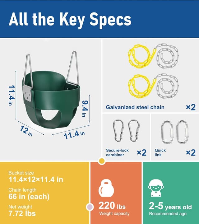 Thumbnail 6 de little dove High Back Full Bucket Toddler Swing with Coated Chains and Locking Buckles (Green)