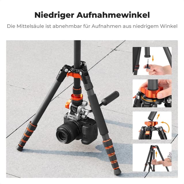 Detalle 2 de K&F CONCEPT 173 cm Carbon Videostativ mit Fluidkopf – 1,1 kg ohne Kopf, 5 kg Traglast (O255C4+FH-03)