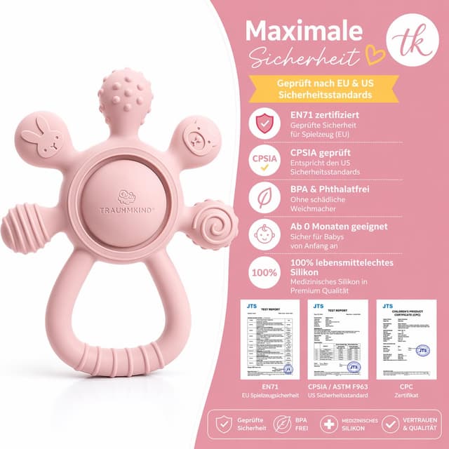 Detalle de Traummkind Beißring Baby mit Rassel & Clip – BPA-freies Silikon-Greifling zur Zahnung ab 3 Monaten