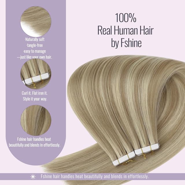 Detalle 2 de Fshine Tape Extension Echthaar 45 cm (50 g, 20 Stück) Goldblond/Mittelblond Skin Weft – Farbe 16P22