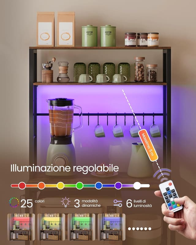 Detalle de VASAGLE Scaffale da cucina con LED KKS050KD01: microonde, multipresa e ripiani regolabili 40 x 80 x 168,4 cm