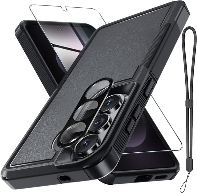 Detalle de Samsung Galaxy S26 dual-layer rugged case with screen protector and camera lens cover (black matte) with wrist lanyard