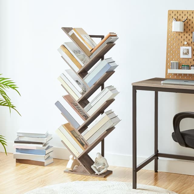 Detalle de HOOBRO EBG08SJ01G1 Tall 9-Tier Tree Bookshelf (Greige & Black) for CDs, Albums and Books