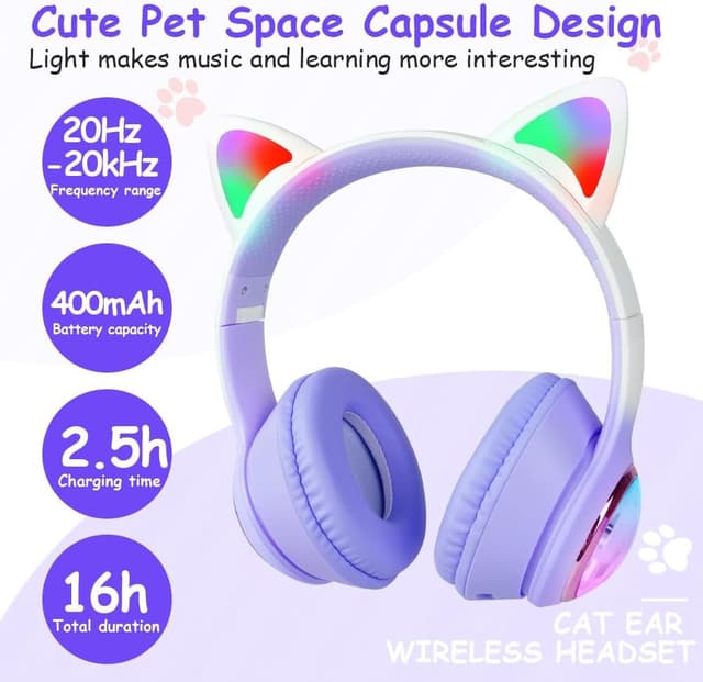 Detalle de AXFEE Kinderkopfhörer Over-Ear mit Bluetooth 5.3, Katzenohren und LED