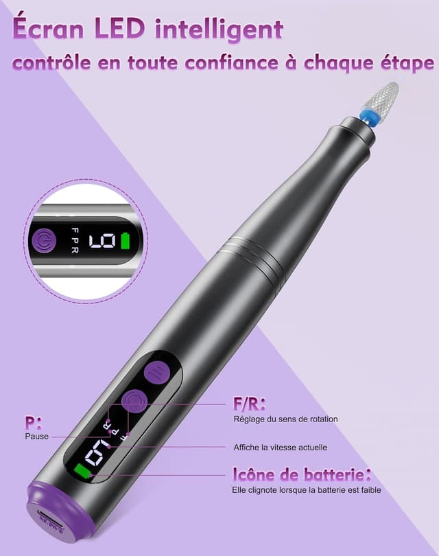 Detalle de Fofile ponceuse électrique pour ongles 12 en 1 sans fil, 9 vitesses (jusqu’à 20 000 tr/min) avec écran LED