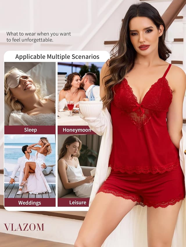 Detalle 2 de Pigiama donna Vlazom in modal ed elastan, top a bretelle e short con pizzo