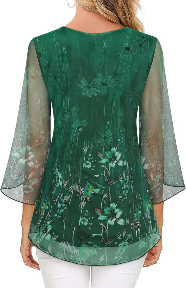 Detalle de Syphiby women’s chiffon square neck ruffle tunic top (3/4 sleeve, double layer mesh) M–3XL