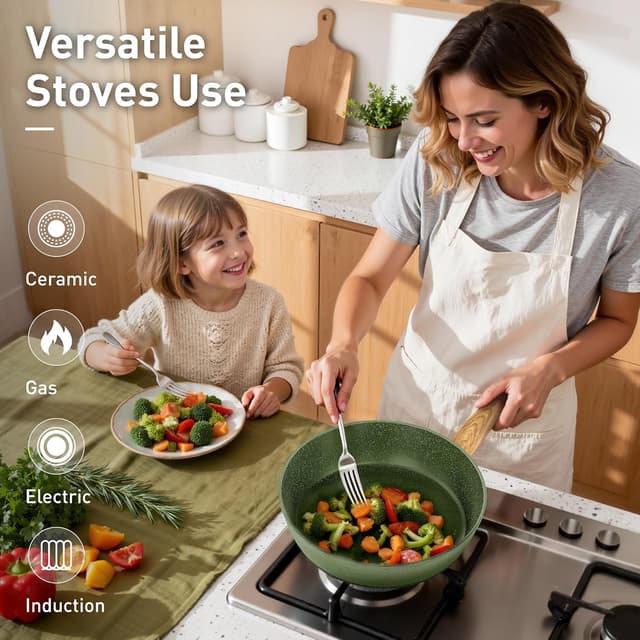 Detalle de DishDelight Induction Pots and Pans Set (Nonstick Granite, 12-Piece) in Green