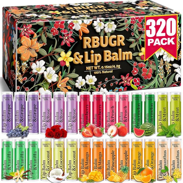 Detalle de RBUGR 320-Piece Bulk Lip Balm Set (12 Natural Flavors) for Cracked, Dry Lips