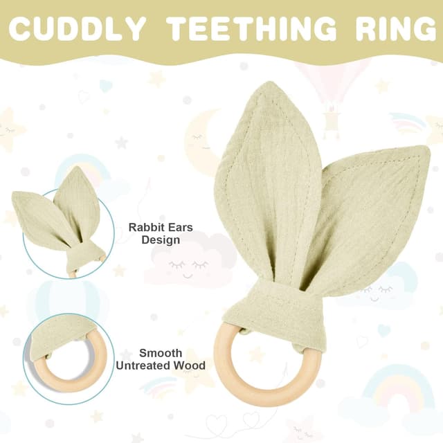 Detalle de Vicloon Doudou Neonato set 3 pezzi coniglio: copertina, bavaglino e massaggiagengive in legno di faggio