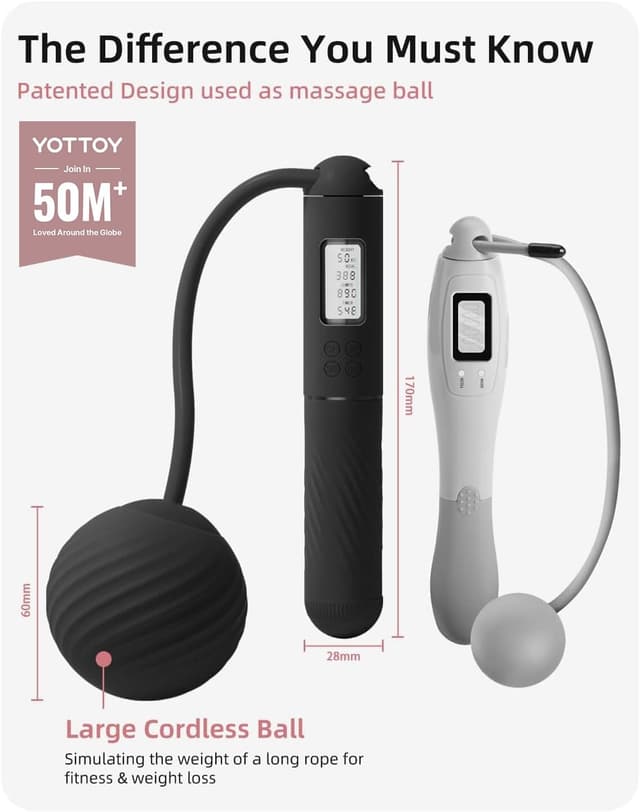 Detalle 2 de YOTTOY skipping rope for adults with LCD display – cordless counter jump rope with large ball-weight design