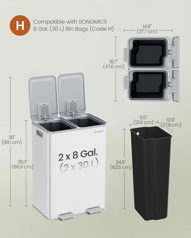 Thumbnail 5 de SONGMICS Kitchen Bin 2 x 30 L dual compartment