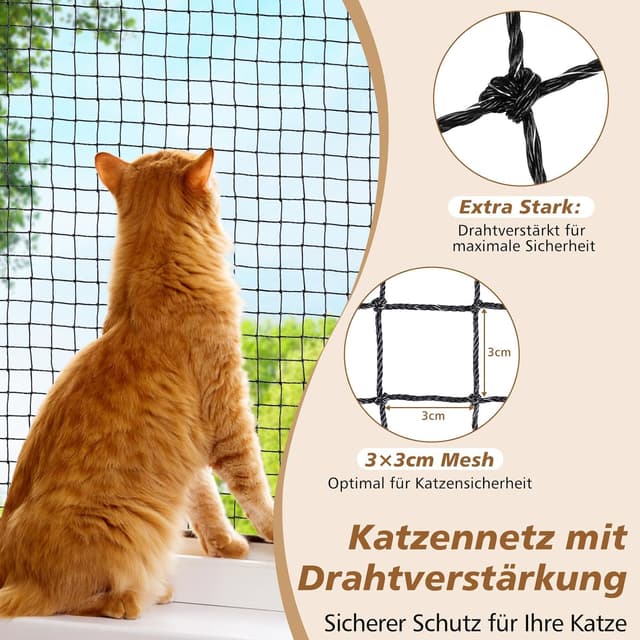 Detalle 2 de Aystkniet Katzennetz fürs Balkon ohne Bohren (drahtverstärkt), inkl. Klebehaken & Silikonkleber