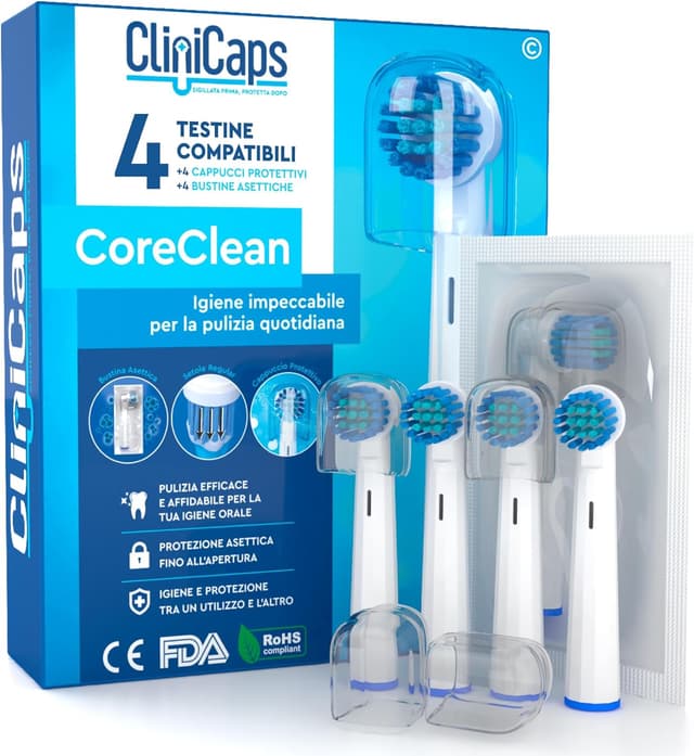Detalle de 4 testine spazzolino elettrico CliniCaps CoreClean (compatibili Oral-B) con setole Regular