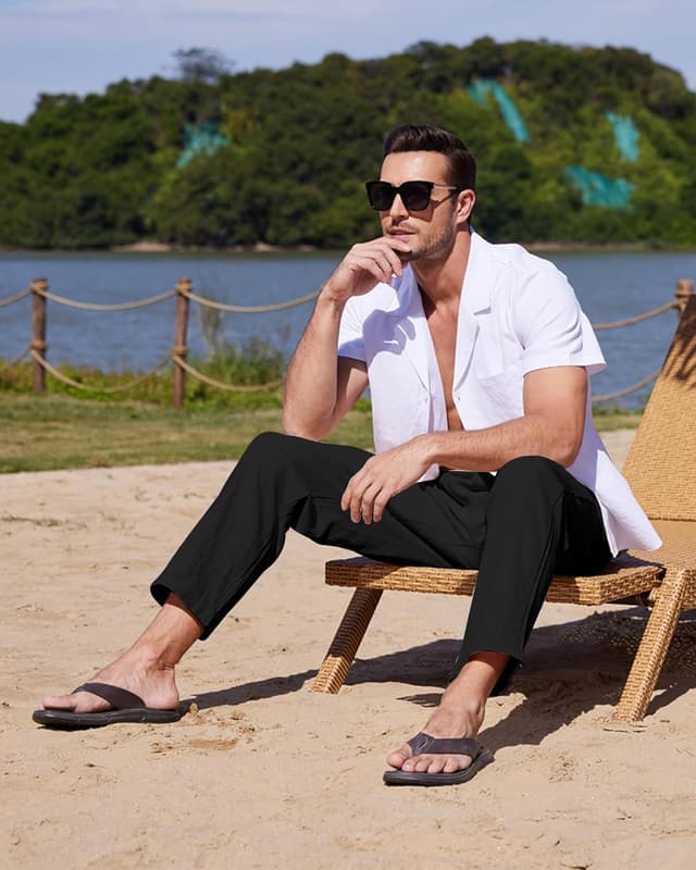 Detalle de YAOHUOLE Men’s Linen Trousers – Lightweight straight-leg yoga style with elasticated waist