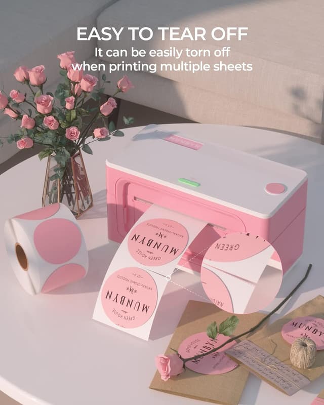 Detalle de MUNBYN 50x50mm Pink Circle Thermal Sticker Labels (2 inch) – direct thermal, self-adhesive round labels for QR codes & DIY