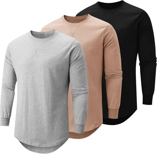 Detalle 2 de Mancozy Men’s Longline Crewneck Long-Sleeve T-Shirts (3-Pack) for Casual Hip-Hop Style