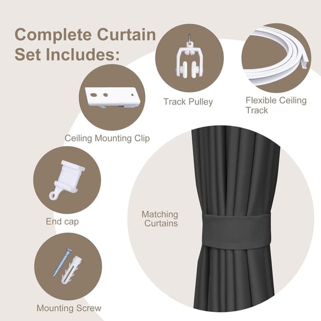 Detalle de MaKefeile Room Divider Curtain & Flexible Bendable Ceiling Track Set (Blackout, 1 Panel, White Rail)