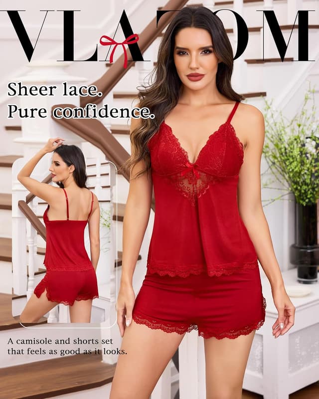 Detalle 2 de Pigiama donna Vlazom in modal ed elastan, top a bretelle e short con pizzo