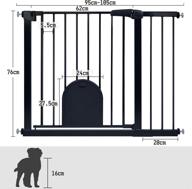 Detalle 2 de Froadp Türschutzgitter Baby Treppengitter 95–105 cm mit Tür (ohne Bohren), schwarz – beidseitig schwenkbar