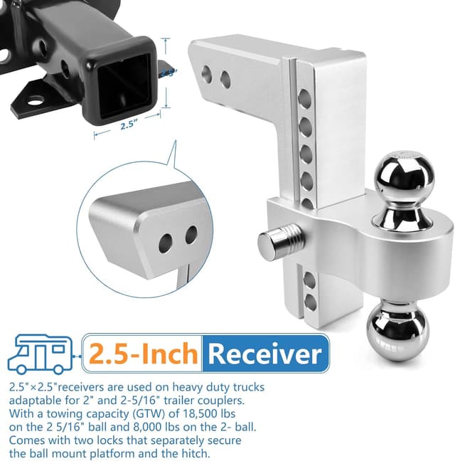 Detalle de Tlvuvmo Adjustable Trailer Hitch (2.5'' Receiver) Aluminum Drop Hitch, 8 Inch Drop/Rise with 2'' & 2-5/16'' Chrome-Plated Balls