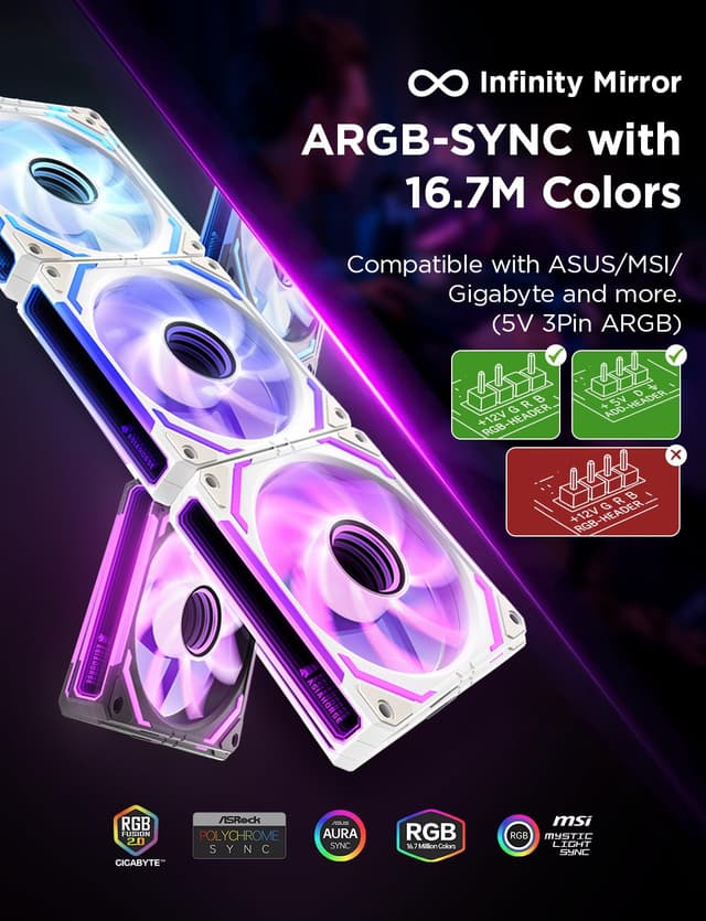 Detalle 2 de AsiaHorse COSMIQ Reverse Blade 120mm ARGB PC Case Fan (3-Pack with Controller) – Infinity Mirror Daisy Chain